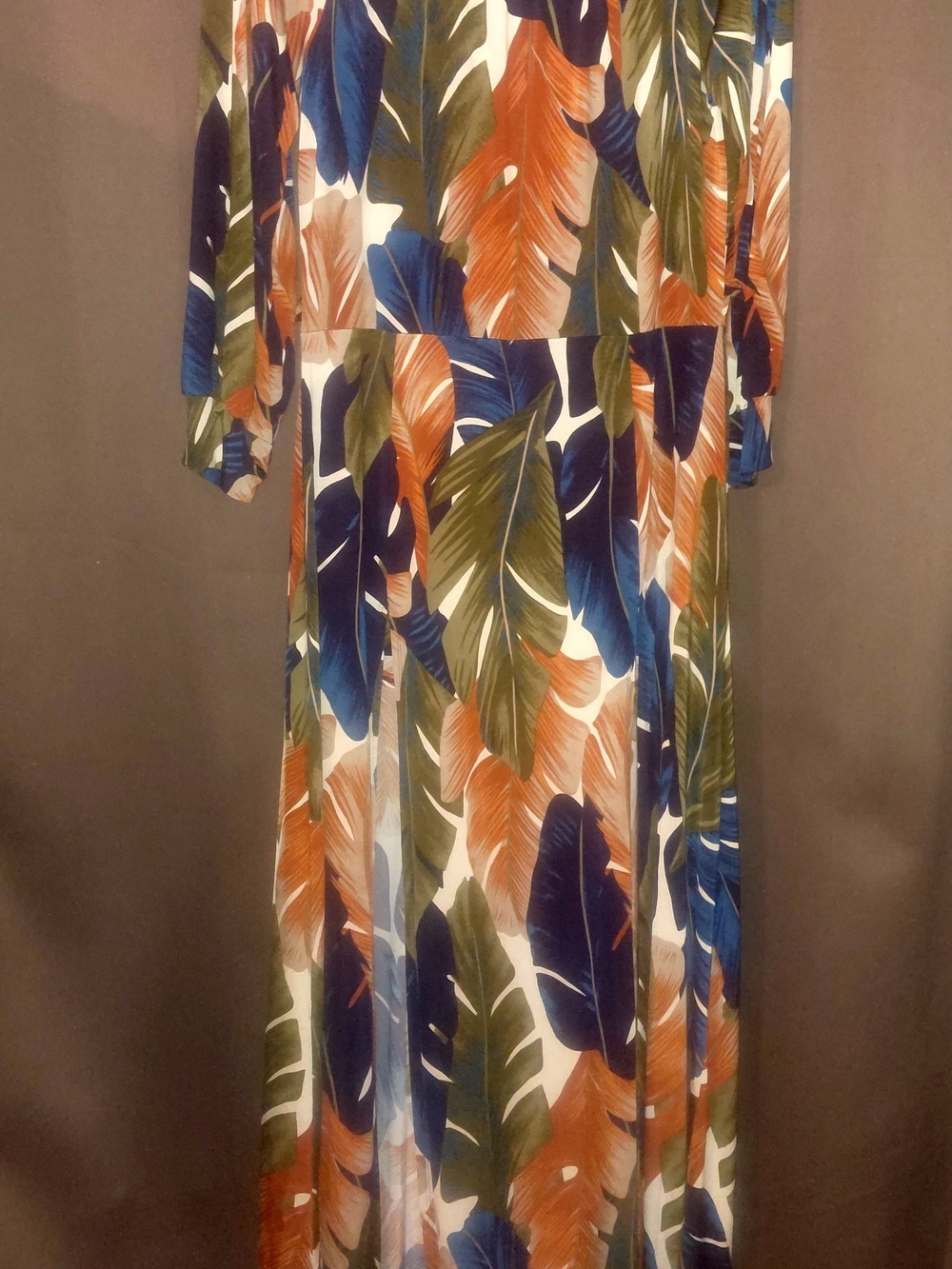 Fashion Nova Tropical Leaf Maxi Dress in Blue, Olive & Rust